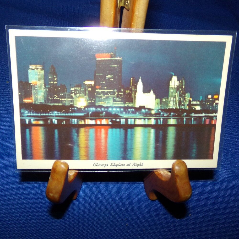 Vintage Full Color Photo Postcard - Skyline at Night - Chicago, Illinois